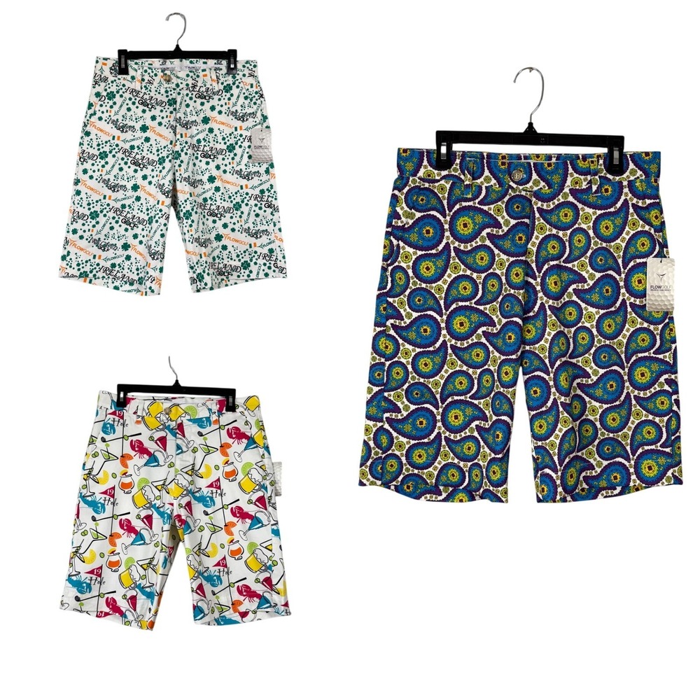 NWT Flow Golf Mens Shorts, Fun Funky Loud Golf Shorts, Size 32 (lot of 3)